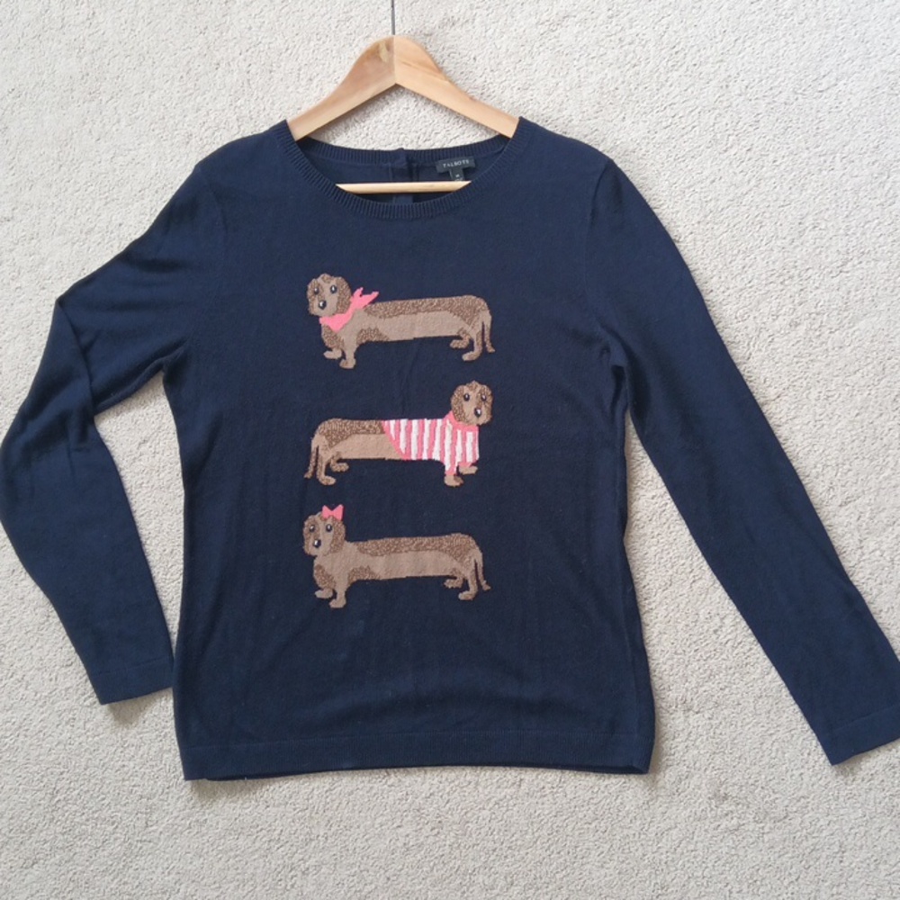 ❣️Ptp18.5" Talbots Navy Knit Pullover Sweater with Cute Dachshund Dog Trio 🥰
